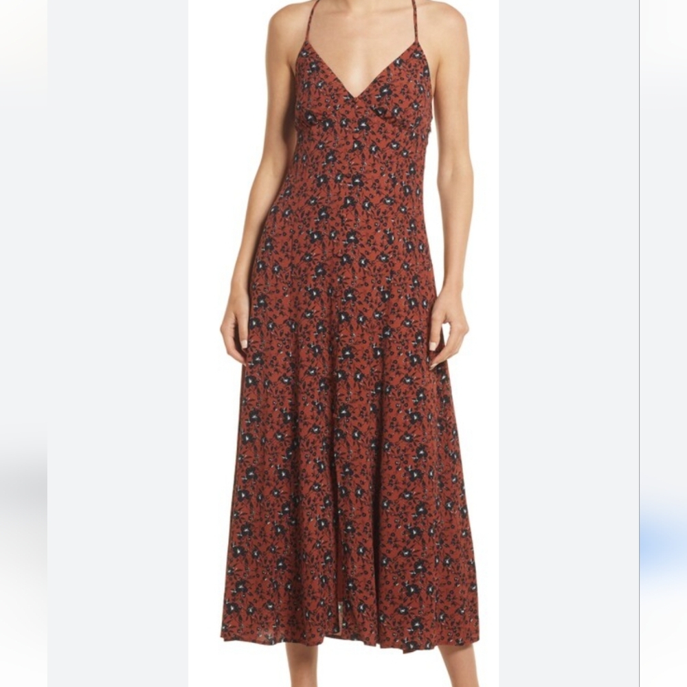 Chelsea 28 Rust Orange and Black Floral Strap Dress Large